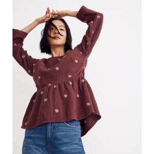 Madewell Top WMNS XL Vintage Mulberry Embroidered Lightspun Peplum Tie Open-Back